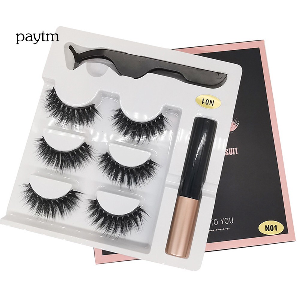 PM 3Pairs Magnetic 3D False Eyelashes Liquid Eyeliner Tweezers Lashes Extension Kit