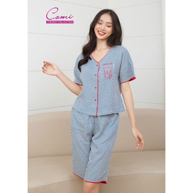 Bộ lửng nữ mặc nhà ngắn tay cài nút chất cotton kate CM514 Comi Homewear M-L-XL