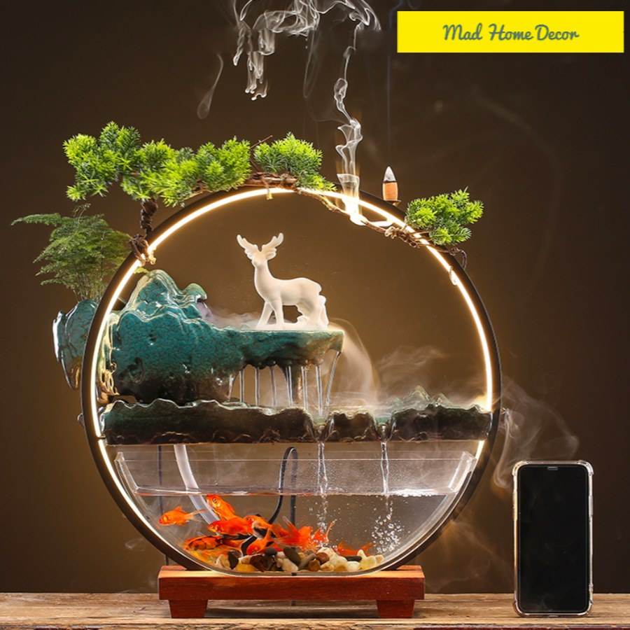 Bể cá phong thủy thác trầm núi hươu-Bể cá mini có phun sương