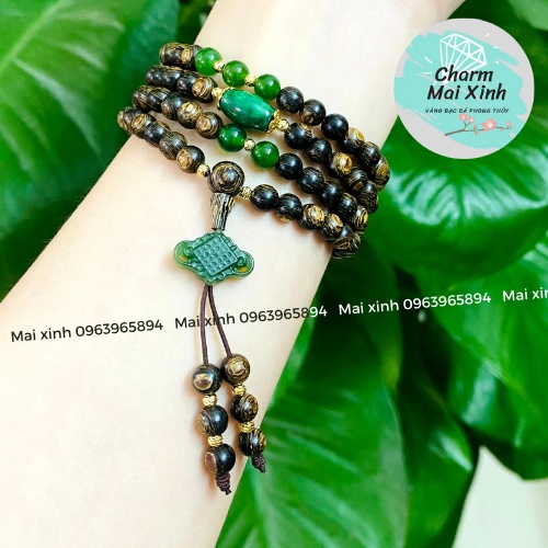 Chuỗi Trầm Hương Sánh chìm 108 phối Lu Đá và Cát Tường Ngoc Bích, Đồng Điếu, Hoa - Vòng Tay Gỗ tự nhiên Nữ phong thuỷ