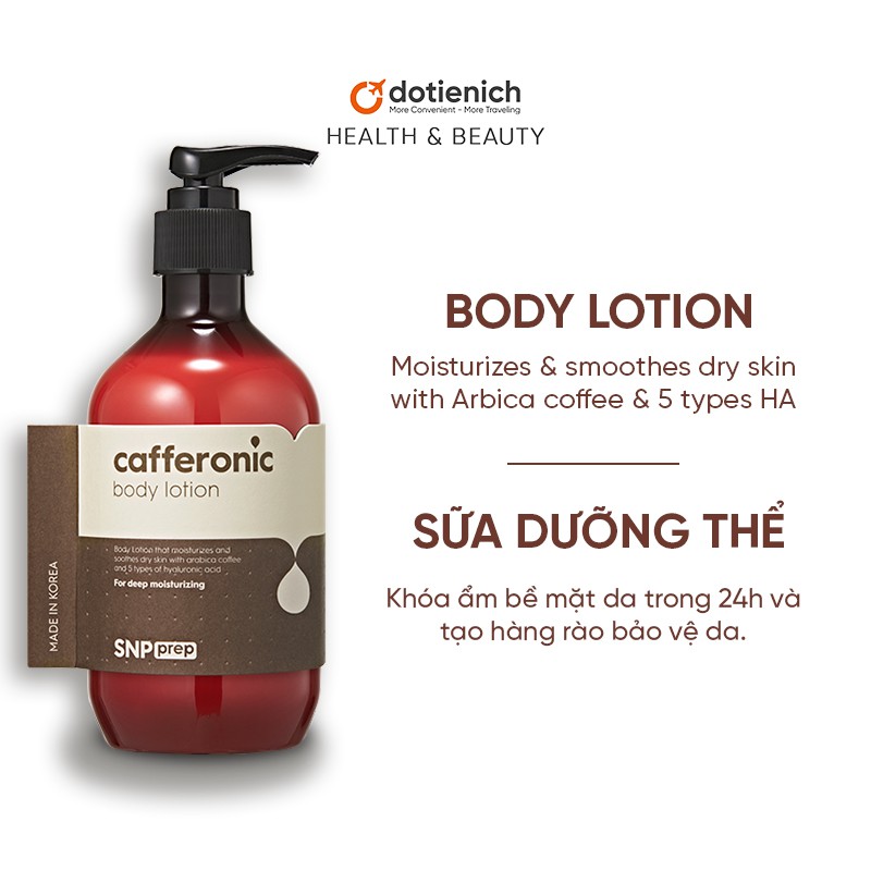 Sữa dưỡng thể SNP Prep dưỡng ẩm trắng da mịn màn Cafferonic Body Lotion 310ml