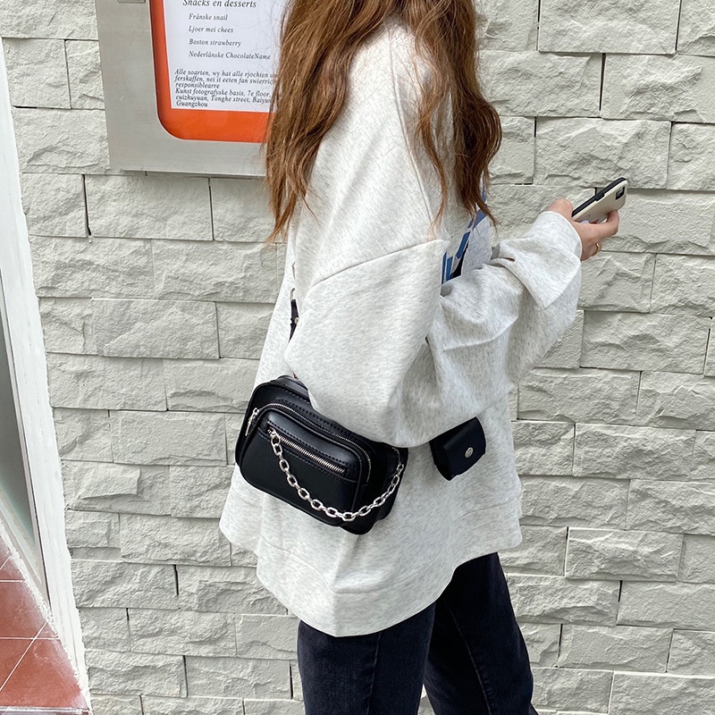 Túi đeo chéo hình vuông cỡ nhỏ phối dây đeo sợi xích phong cách đường phố cá tính cho nữ
