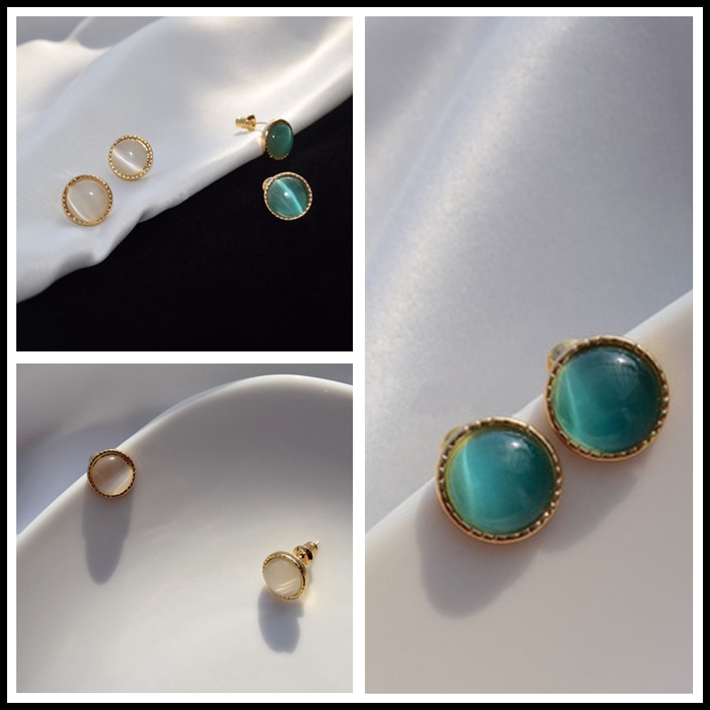 Đôi Hoa Tai Dáng Tròn Đính Đá Mắt Mèo Phong Cách Retro