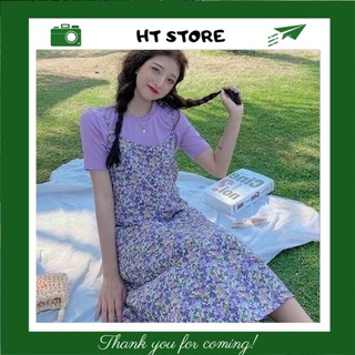 Sét váy vintage 2 dây hoa nhí mix áo phông 3 màu thời trang SP000968 - HT STORE