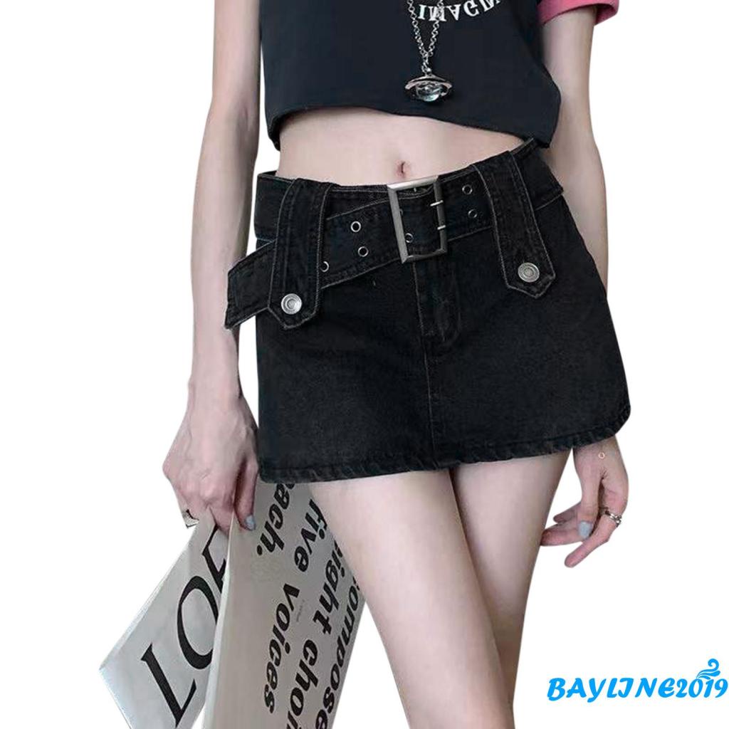 Bay-Women Casual Skirt, High Waist Solid Color Slim Fit Short Skirt with Wide Belt, Dark Blue/Black