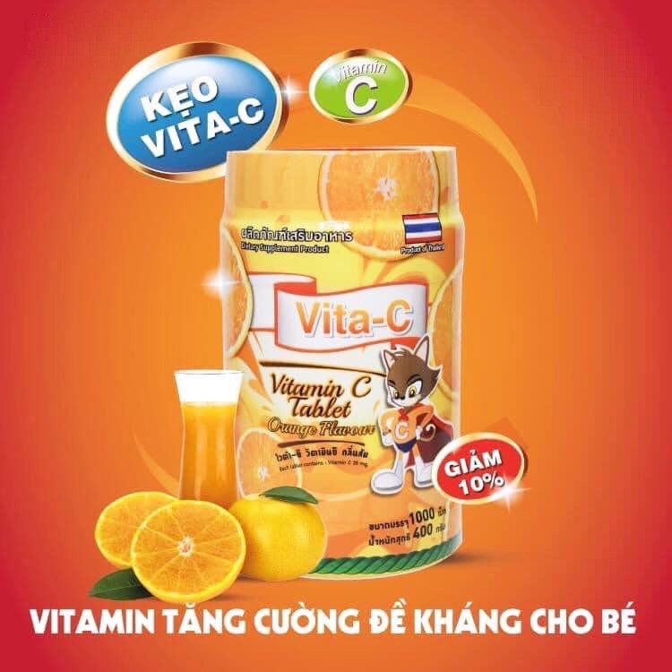 Kẹo Vitamin C Thái Lan vị cam Hộp 1000 viên - Kẹo ngậm Vita C tăng cường đề kháng cho bé