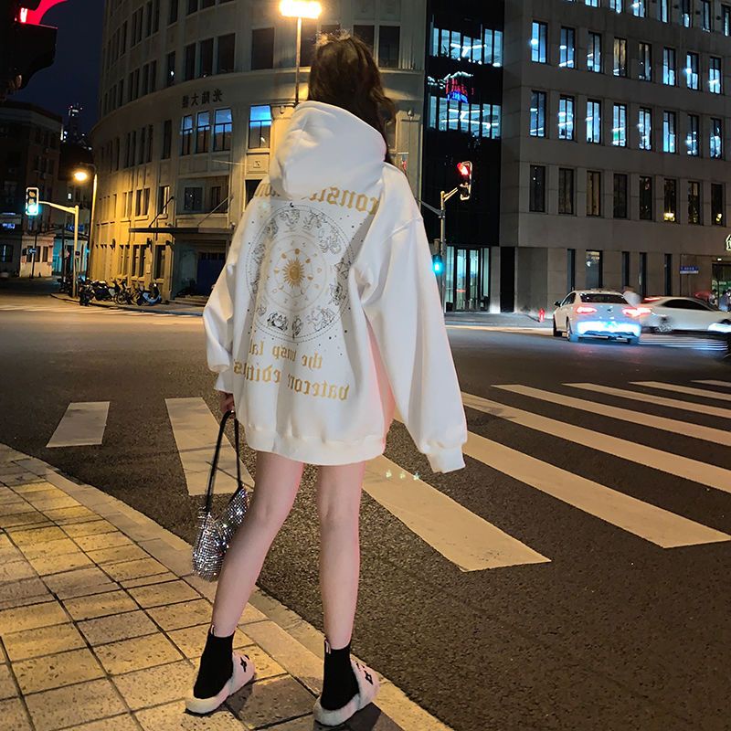 Velvet and thickened hooded sweater women's Korean version loose American vintage vibe style niche design medium-and long-style blouse