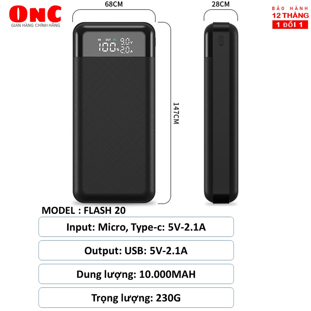 [BẢO HÀNH 12 THÁNG] Sạc dự phòng 20000mAh ONC Flash 20 Sạc nhanh PD 18W tặng túi bảo vệ