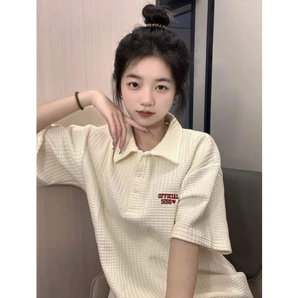 Áo Polo Thun Xốp 1ESS Nữ [FREESHIP]  Phông form rộng tay lỡ thêu chữ đỏ 3158 kiểu đường phố hàn quốc Ulzzang
