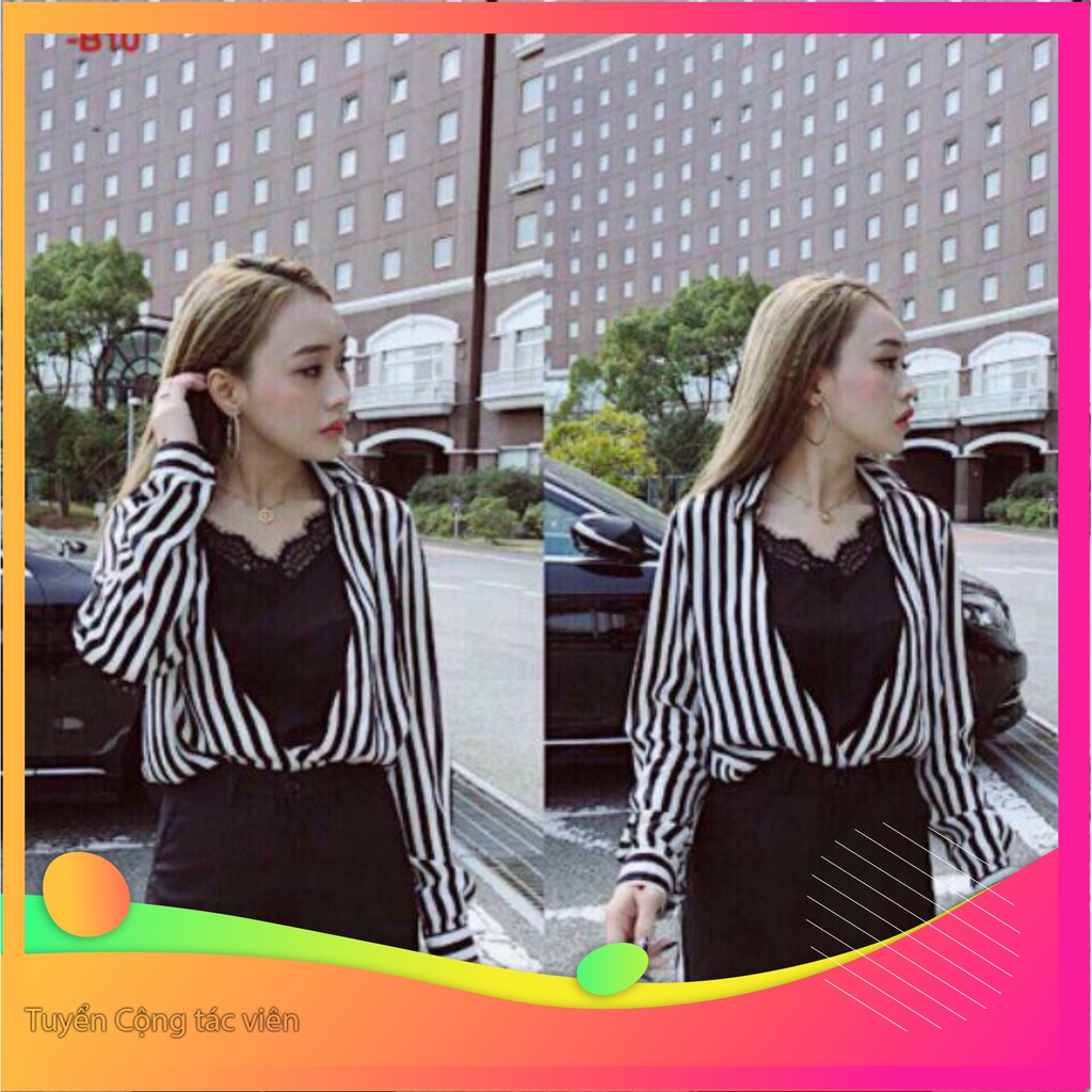 Dọn kho 11319B1 Áo sơ mi tay dài phối lót ren sang trọng Dọn kho