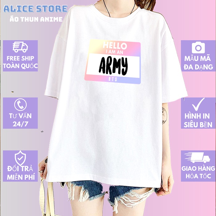 Áo thun Nam Nữ phong cách Hàn Quốc Xin chào , tôi là Army ALICE Chất coton mát mịn , Cute dễ thương KOR20211133