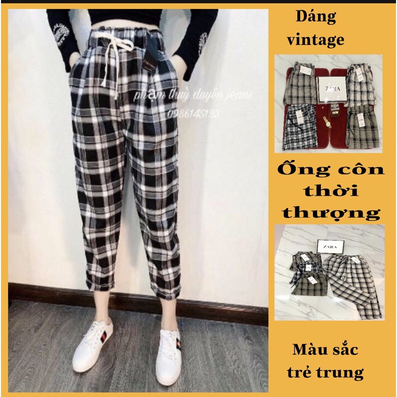 Quần kẻ caro nữ [Ảnh thật] Quần ống rộng nữ kẻ mẫu mới siêu hot