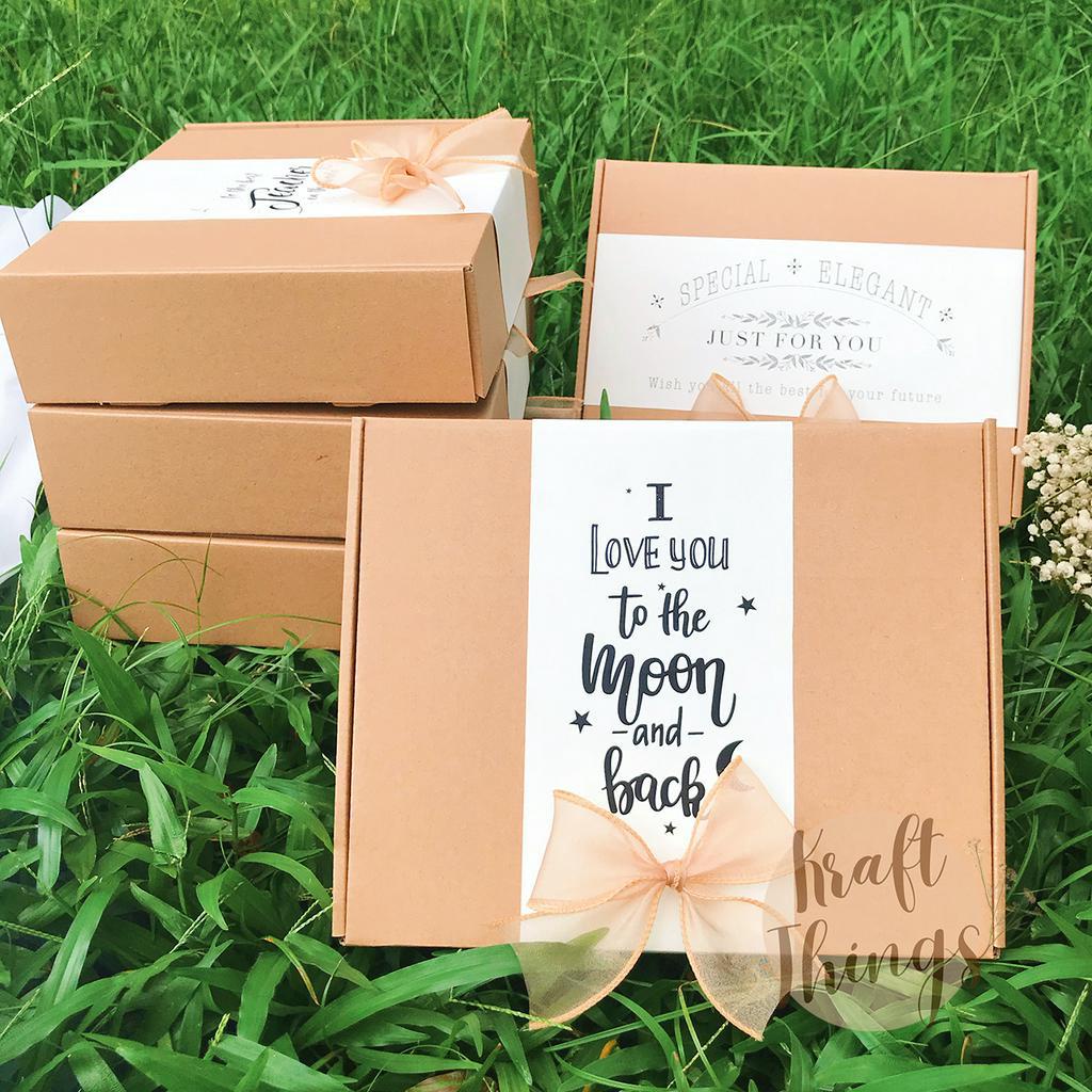 COMBO Hộp quà + túi + thiệp + rơm vintage nhiều chủ đề cỡ trung 25x20x8cm CB1 Kraft Things