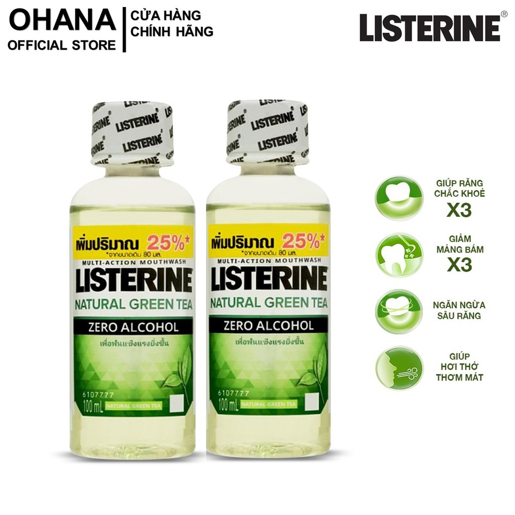 Bộ 2 Chai Nước Súc Miệng Listerine Trà Xanh Ngừa Sâu Răng, Hơi Thở Thơm Mát Listerine Green Tea Zero Alcohol 100ml/Chai