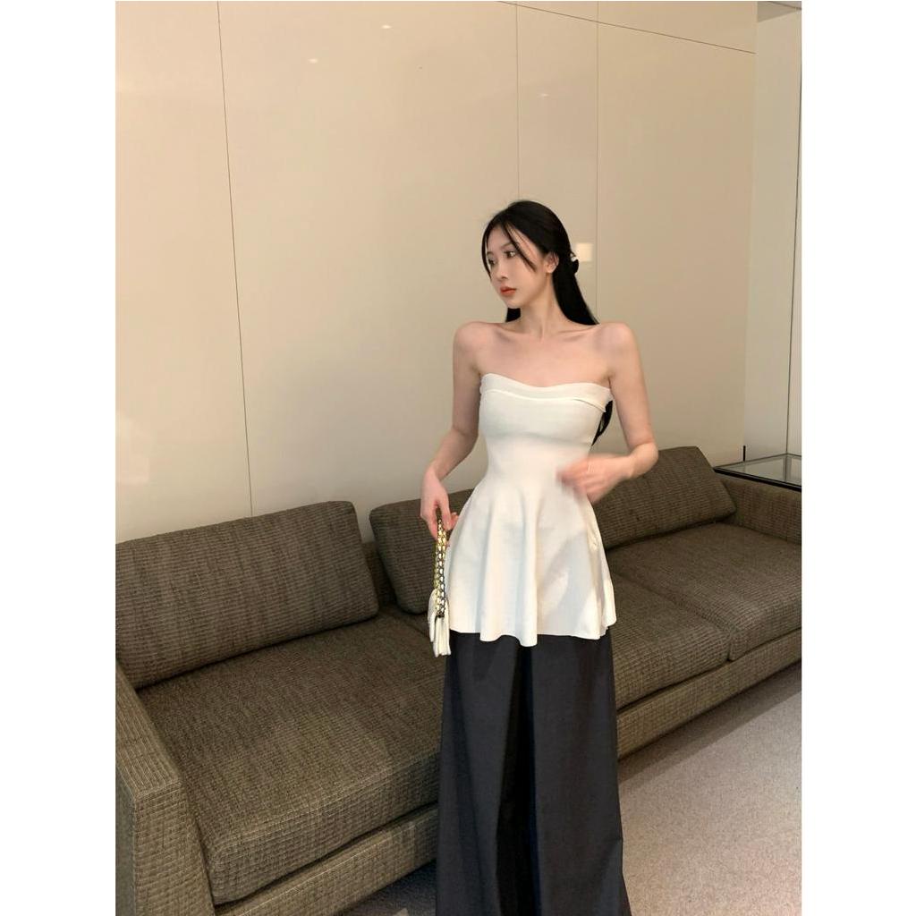 Cocory vn Bộ Áo Ngực Dáng Ôm / Quần Dài Ống Rộng Màu Đen Thời Trang Mùa Hè Quyến Rũ Cho Nữ