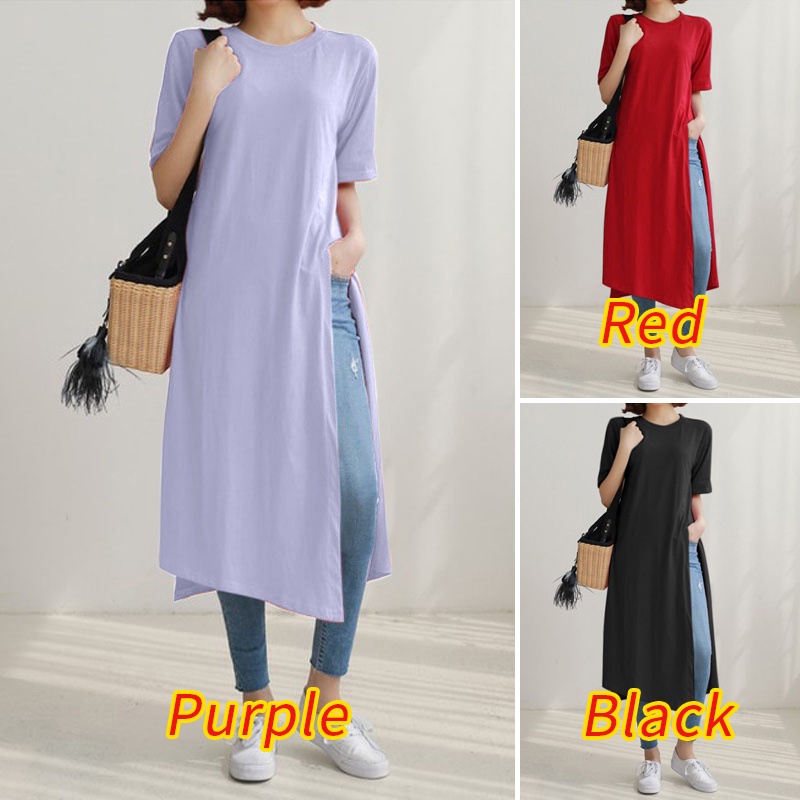 ZANZEA Áo Thun Nữ Tay Ngắn Cổ Tròn Xẻ Tà Thời Trang