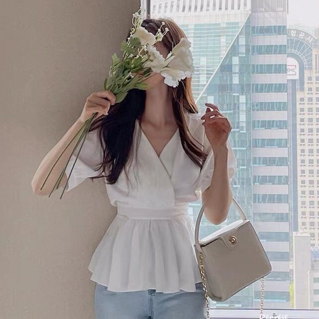 Áo Kiểu Thời Trang Cổ Chữ V Tay Phồng Đáng Yêu Cho Nữ 43790