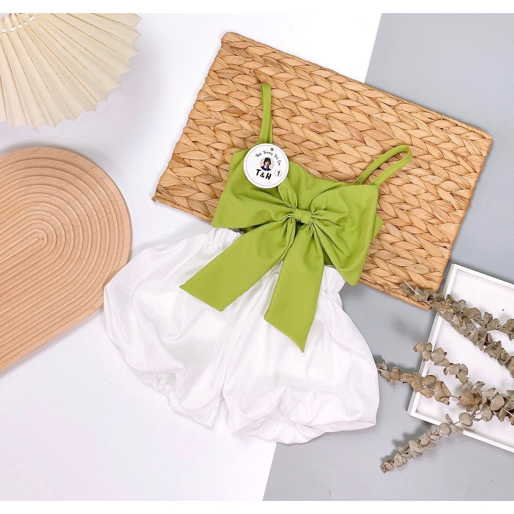 SET46 - Bộ bé gái, set 2 dây bé gái, quần phồng, áo 2 dây nơ ngực cho bé từ 8-18kg