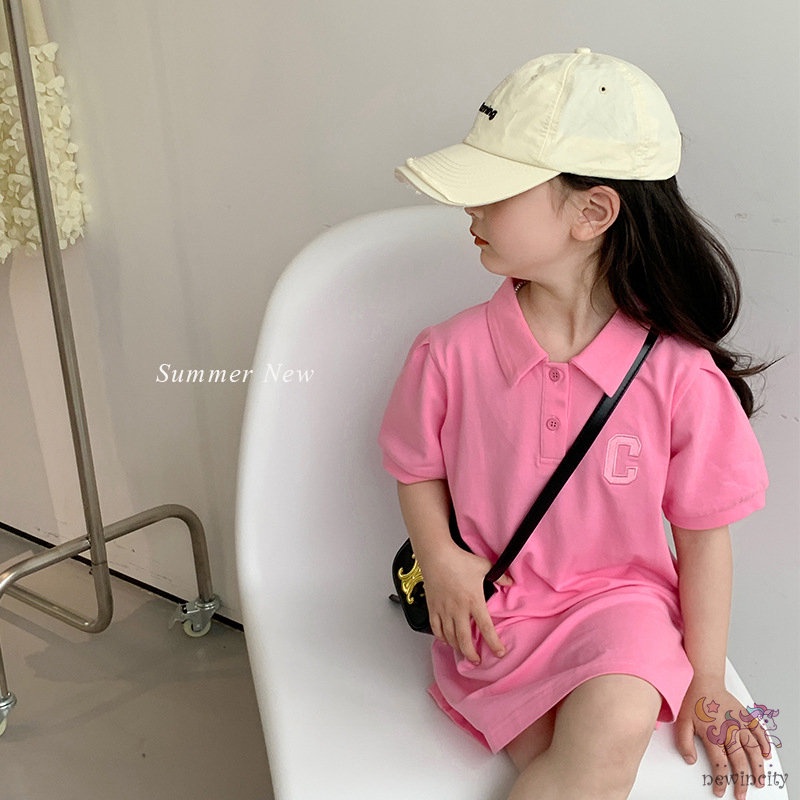 Đầm Tay Ngắn Cổ Bẻ Thêu Chữ Đáng Yêu Thời Trang Phong Cách Hàn Quốc Cho Bé Gái