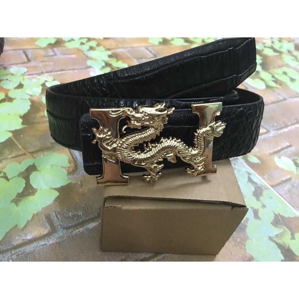 Thắt lưng chữ H hình rồng lớn có clip chi tiết ( vân cá sấu ) dây đen