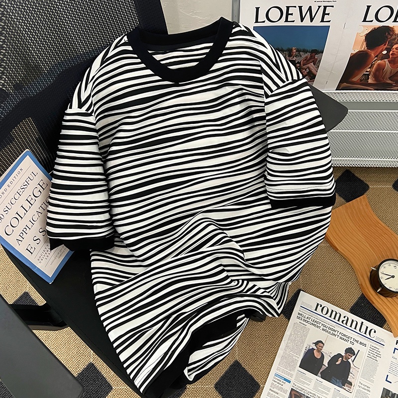 Áo Thun Tay Ngắn Cổ Tròn Họa Tiết Kẻ Sọc Phong Cách Hàn Quốc Thời Trang Cho Nữ