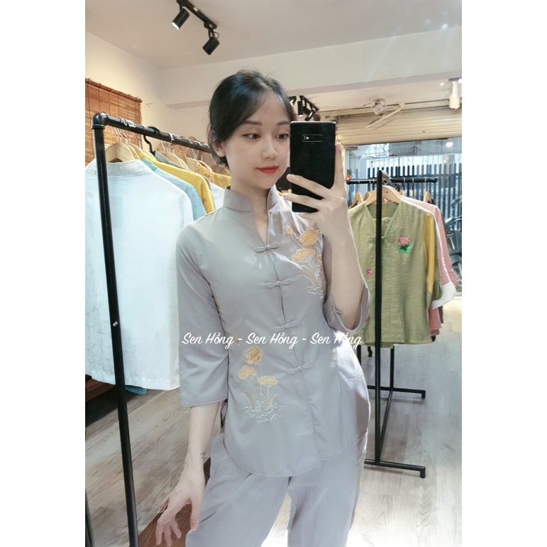 ĐỒ LAM ĐI CHÙA # QUẦN ÁO PHẬT TỬ mẫu cổ tàu thêu hoa sen chính hãng Sen Hồng # bộ đồ nữ xẩm