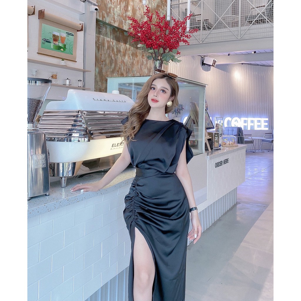 Đầm dự tiệc cột eo xẻ tà quyến rũ lụa hàn châu màu đen - màu trắng - DA002 | BigBuy360 - bigbuy360.vn