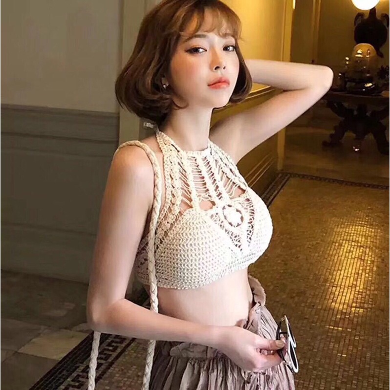 Áo bra len móc cổ yếm có đệm mút cho nữ⚡️bikini đi biển