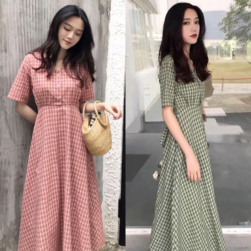 Women Plaid Print Round Collar Strap Waist Slim Shirts Dress