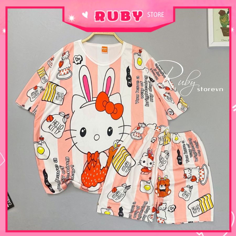 [Đồ bộ gia đình] Đồ bộ thun đùi in hình Hello Kitty Hoạt hình dễ thương chất thun mềm mát size đến 60kg DBRBD SIZE 4 - L