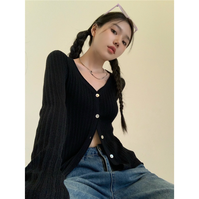 Áo Khoác Cardigan Dệt Kim Cổ Chữ V Màu Sắc Đơn Giản Cho Nữ