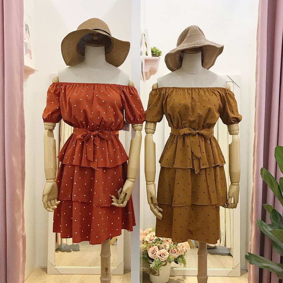 Đầm bẹt vai chấm bi kiểu dáng Vintage Hàn Quốc