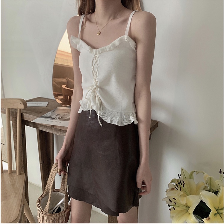 【ZHELIHANGFEI】 Áo Dệt Kim Không Tay Dáng Rộng Cột Dây Trẻ Trung Cá Tính