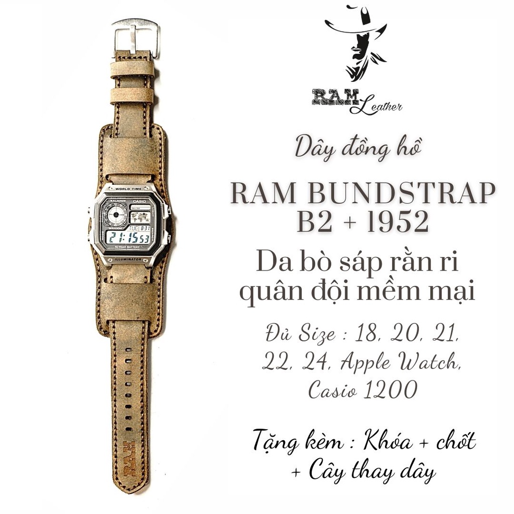 Dây Casio AE 1200 da bò đen RAM Leather B2 1952 - tặng khóa chốt và cây thay dây