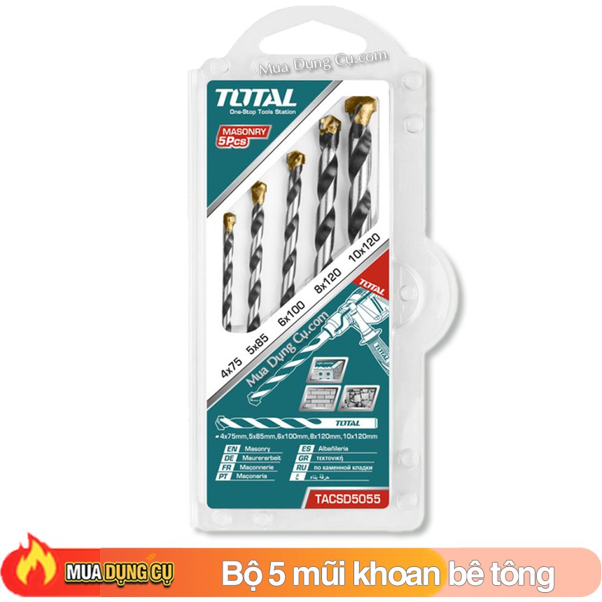 Bộ 5 mũi khoan bê tông Total TACSD5055 (4mm, 5mm, 6mm, 8mm, 10mm)