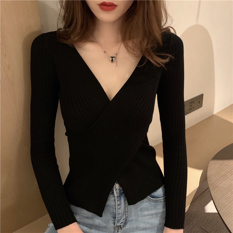 Áo Len Dệt Kim Mỏng Cổ Chữ V Mới Của Phụ Nữ Mùa Thu Phong Cách Hàn Quốc Thời Trang Mỏng Gợi Cảm Top