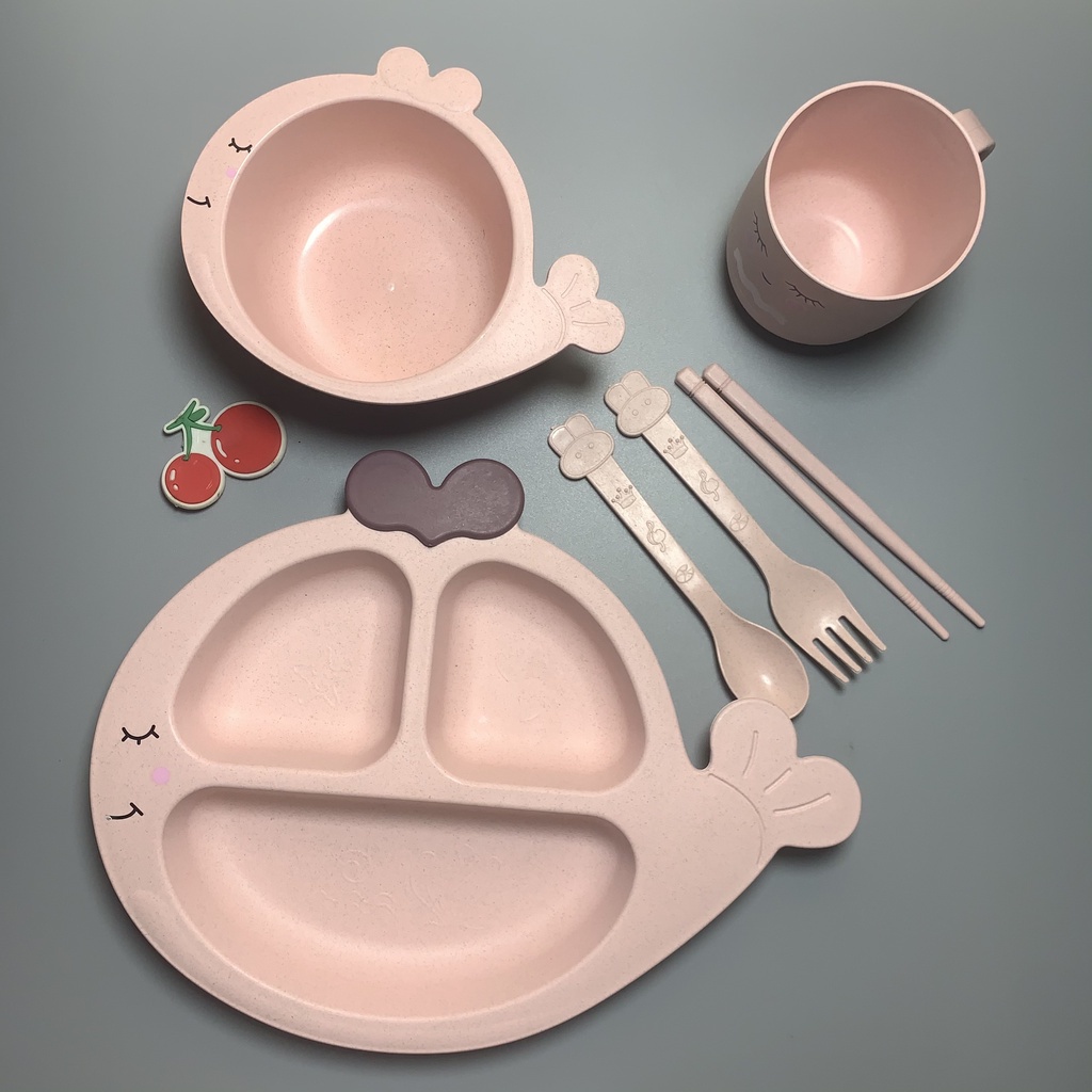 SET Bộ 6 món khay - bát ăn - cốc tập ăn cho bé hình Cá Heo