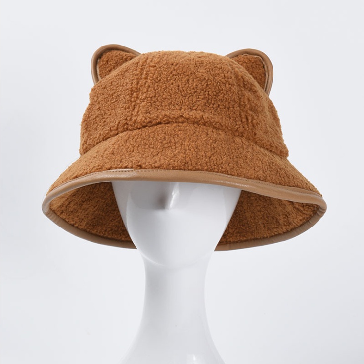 Mũ bucket lông cừu mịn viền da nón bucket nữ tai gấu dễ thương phong cách Hàn Quốc SAIGON HAT