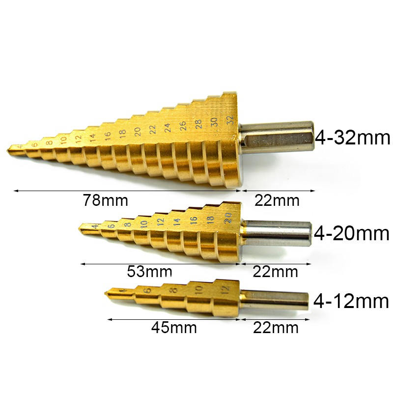 BỘ 3 MŨI KHOAN THÁP THẲNG  ĐƯỜNG KÍNH TỪ 4MM- 32MM