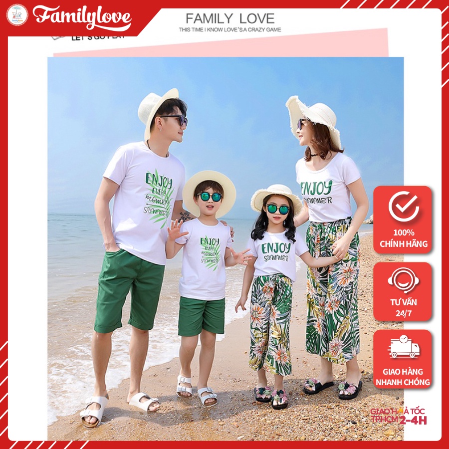 Set Quần Áo Gia Đình Đi Biển Familylove - Set Bộ Đồ Đi Biển Cho Cả Nhóm Và Gia Đình Enjoy Summer Họa Tiết Hoa Lá