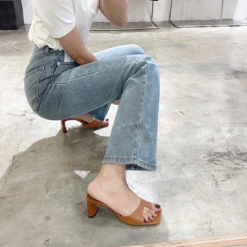 Guốc nữ xỏ ngón gót vuông dẹp 5cm da mềm