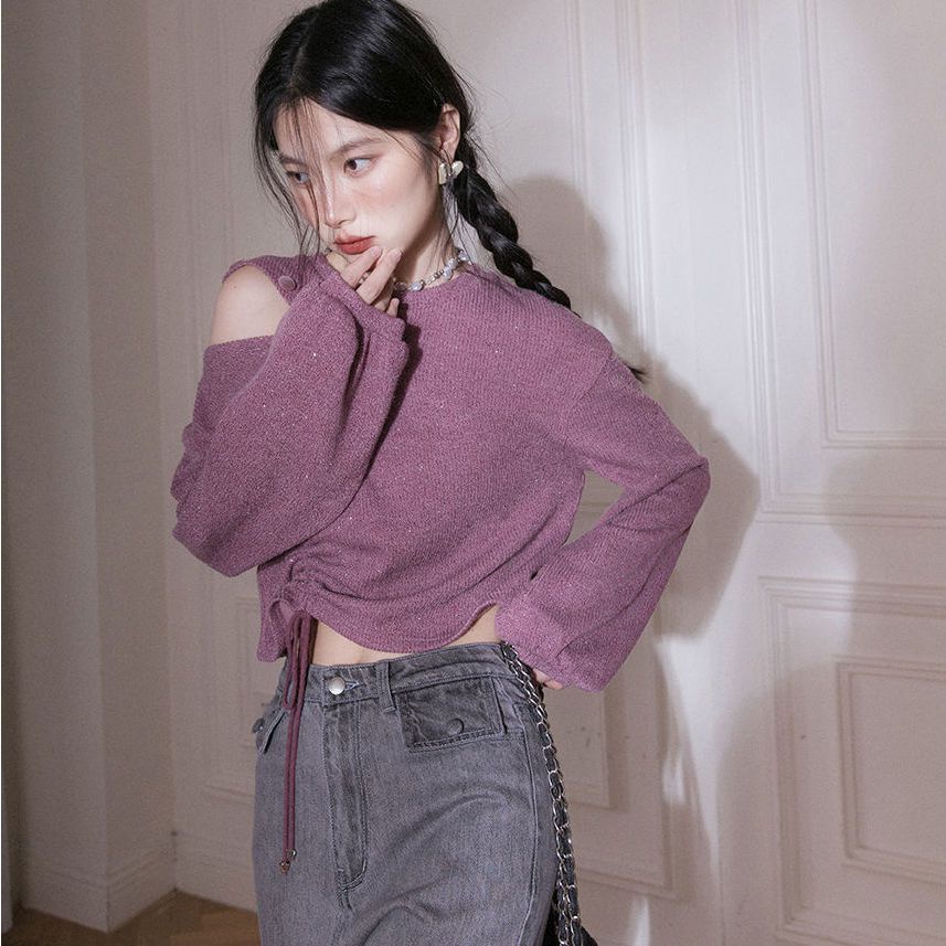 Áo Dệt Kim Trễ Vai Cổ Tròn Thời Trang Hàn Quốc Cho Nữ