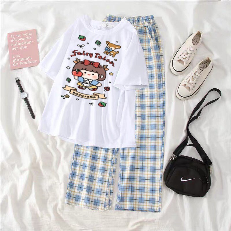 Sét áo phông Roro Jump + quần kẻ karo, Áo thun from rộng, Chất đẹp không xù, quần suông ống rộng, Sét bộ mặc ở nhà - MOD