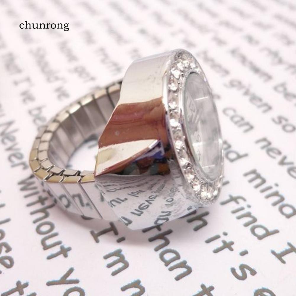 CHU_Fashion Lady Round Case Shiny Rhinestone Alloy Quartz Finger Stretch Ring Watch