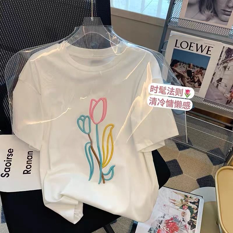 Áo Thun NgắN Tay Thêu HìNh Hoa Tulip Cho Nữ