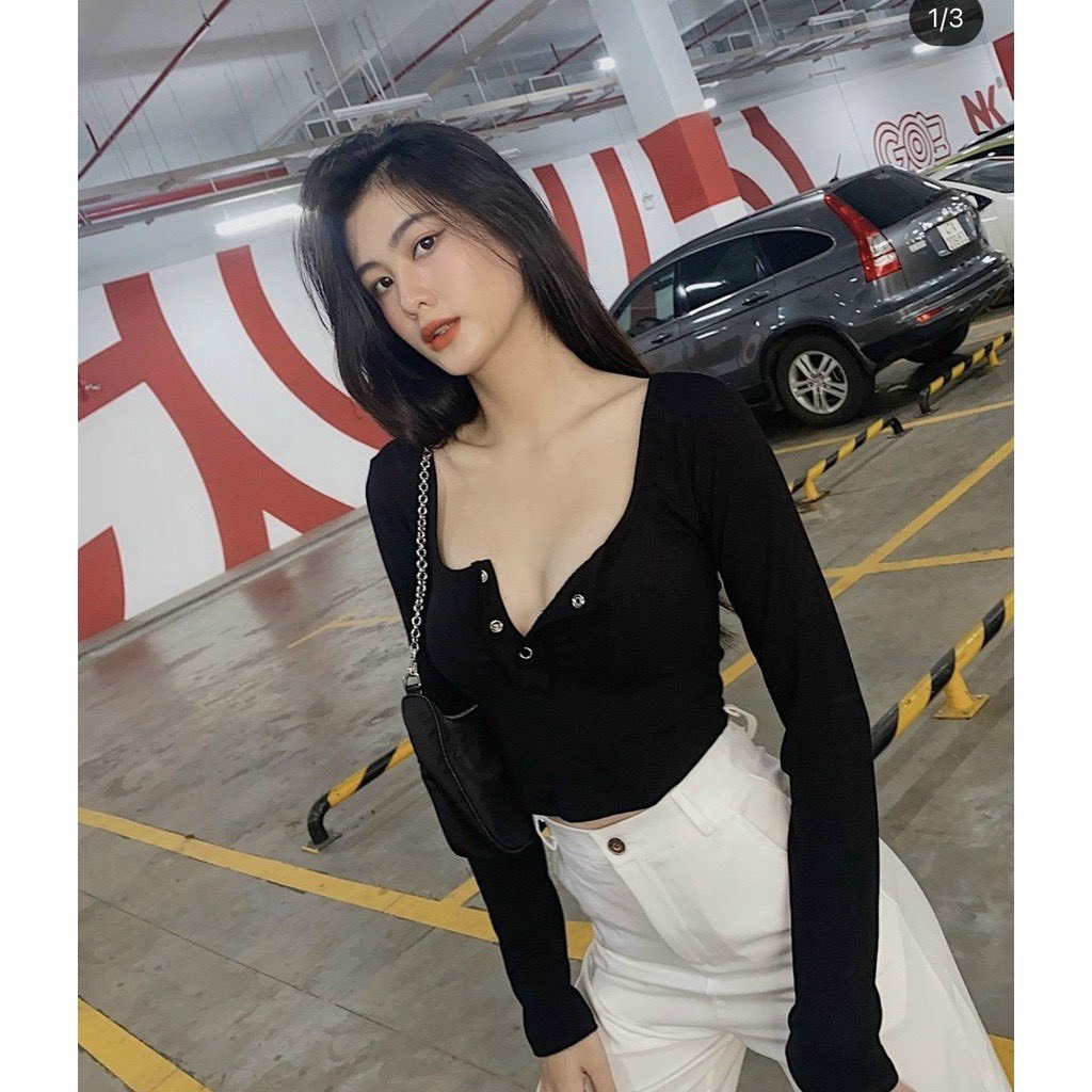 áo croptop ảnh thật tay dài vạt bầu chất bozip nút bấm na