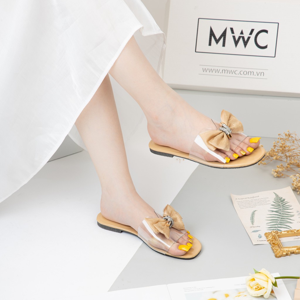 Dép Nữ MWC Đế Bệt Quai Trong Đính Nơ To NUDE - 3410