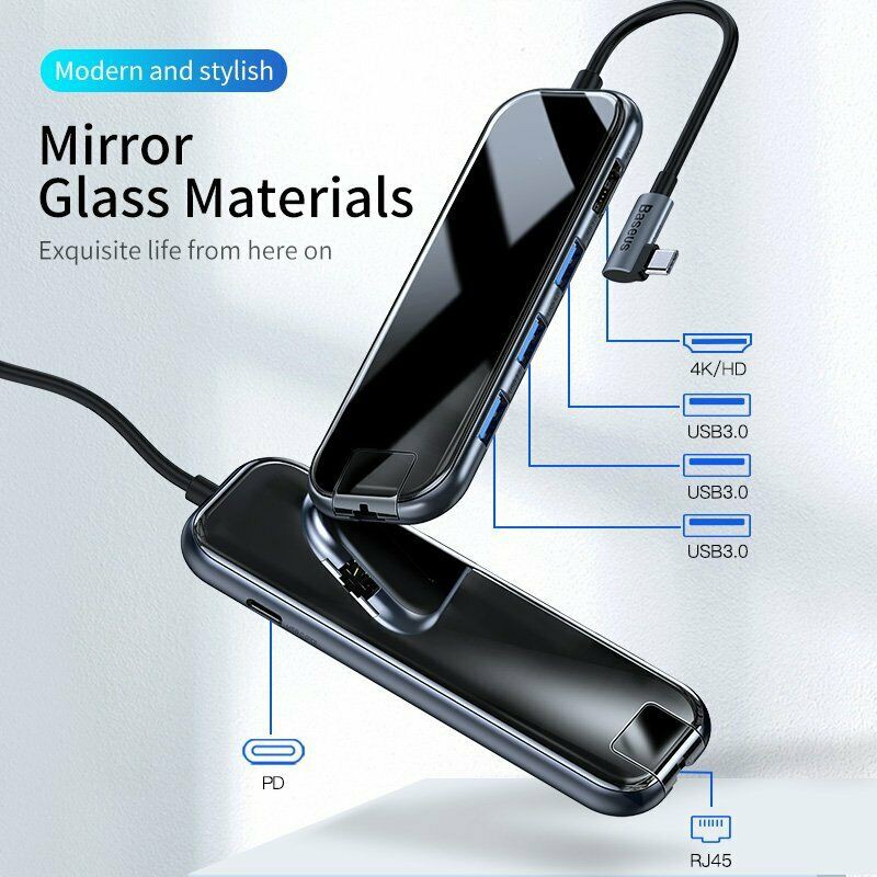 Bộ USB C Hub Baseus Mirror Series mở rộng USB 3.0, 3.5mm, HDMI 4K@30Hz,sạc không dây Apple Watch cho Macbook, Laptop...