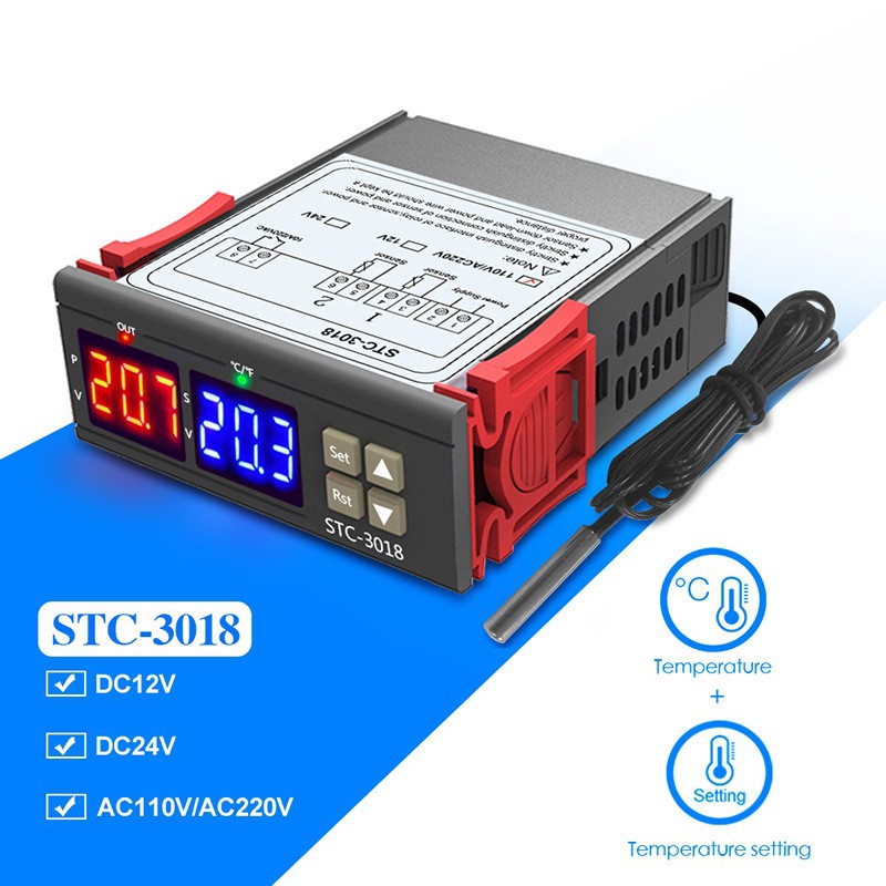 Bộ điều khiển nhiệt độ kỹ thuật số kép STC-3018 12V 24V 110-220V với cảm biến NTC