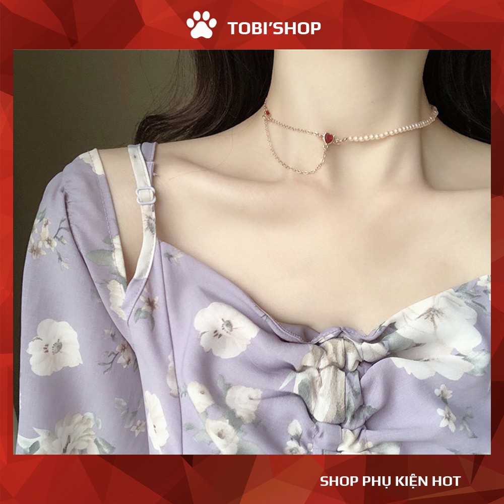 [Mã FAXANH245 giảm 10K đơn 50K] {FREESHIP 50K} Dây chuyền - Chocker ngọc ánh vàng đá hồng xinh xắn NO SKU 81 - TOBI'SHOP